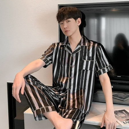 

PIKADINGNIS Mens Pajamas Set Autumn Leisure Elastic Waist Men Sleepwear Silk Mens Short Sleeve Nightwear Print Top + Long Pant Homewear
