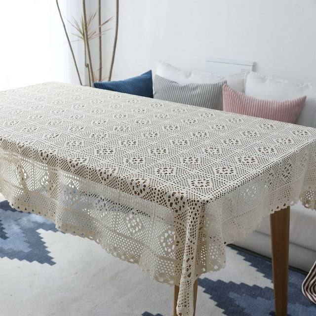 Crochet Tablecloth Rectangle Table Cover Handmade Dustproof Runner Lace Hollow Embroidery Oilproof Wedding Party Dining Room Decor 140*140CM