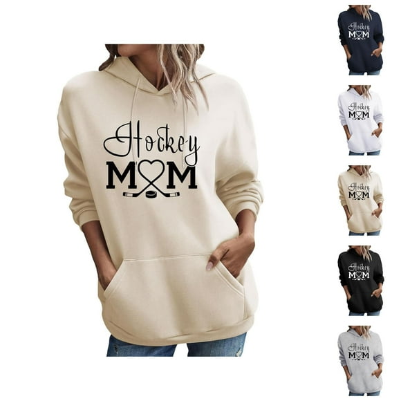 Hockey Mom Sweatshirt for Women 2026 Fall Winter Casual Long Sleeve Graphic Hoodie Hockey Mom Shirt Pullover Top with Pockets