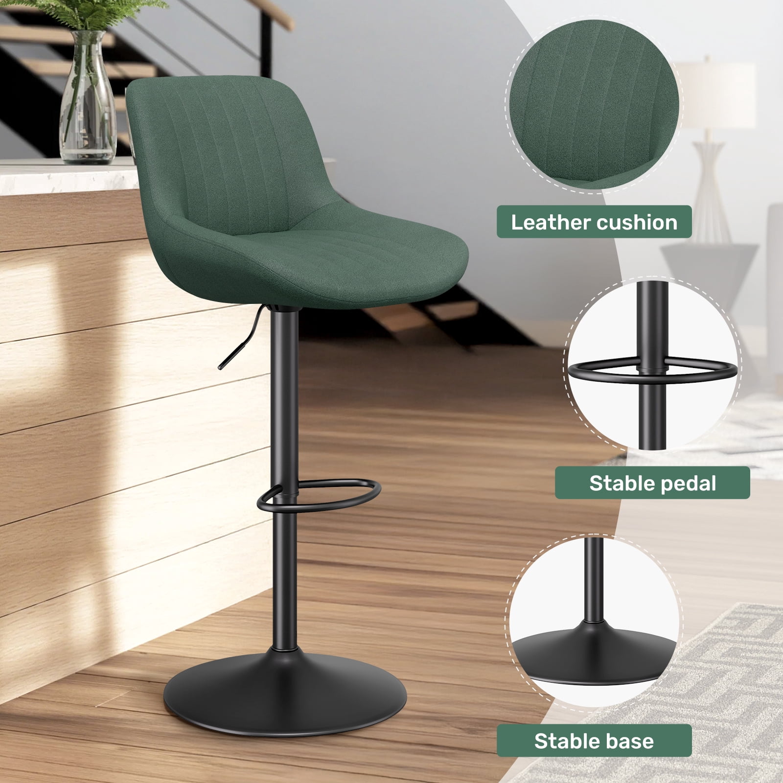 Daluvenix Adjustable Bar Stools Set of 4, Swivel Kitchen Bar Chairs with Back, Modern Tech Fabric Island Chairs for Home Kitchen, Green