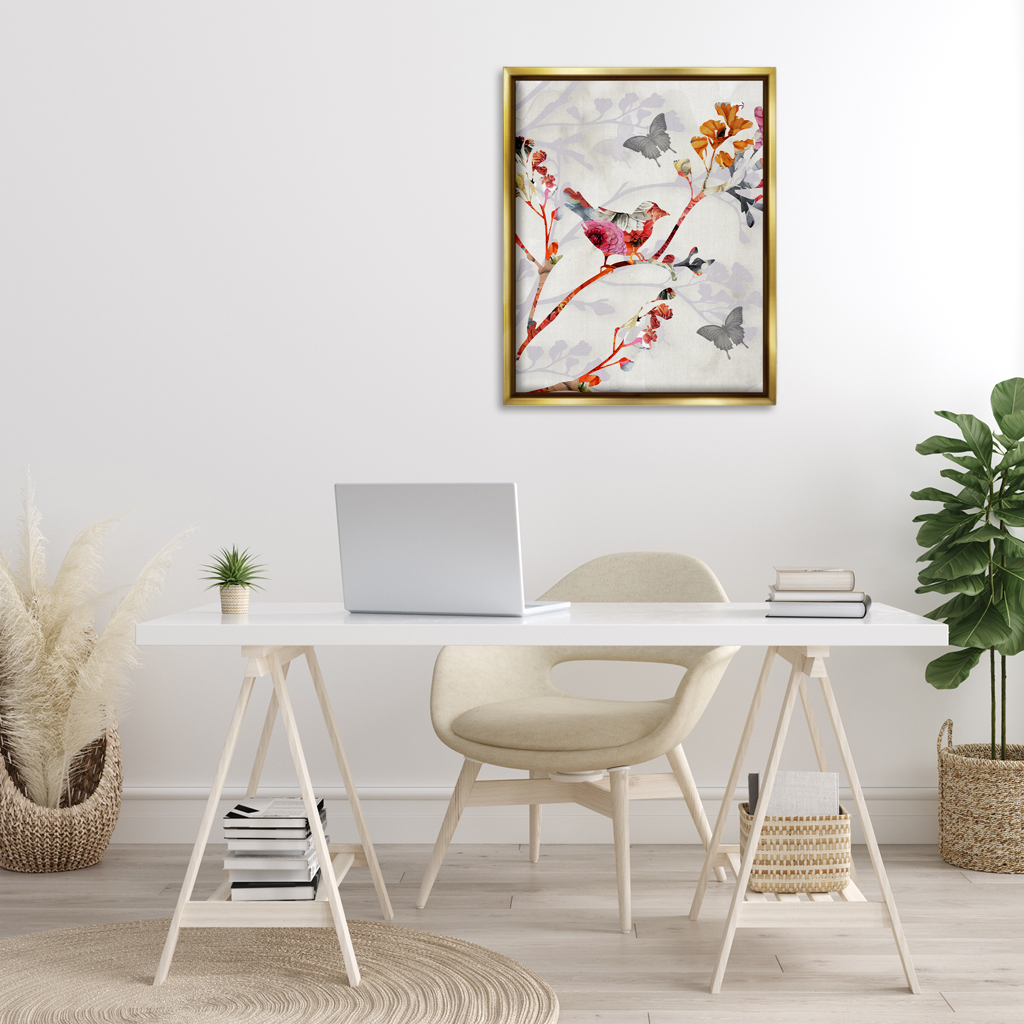 Stupell Industries Birds & Butterflies Nature Landscape Painting Gold Floater Framed Canvas Art Print Wall Art, 25 x 31