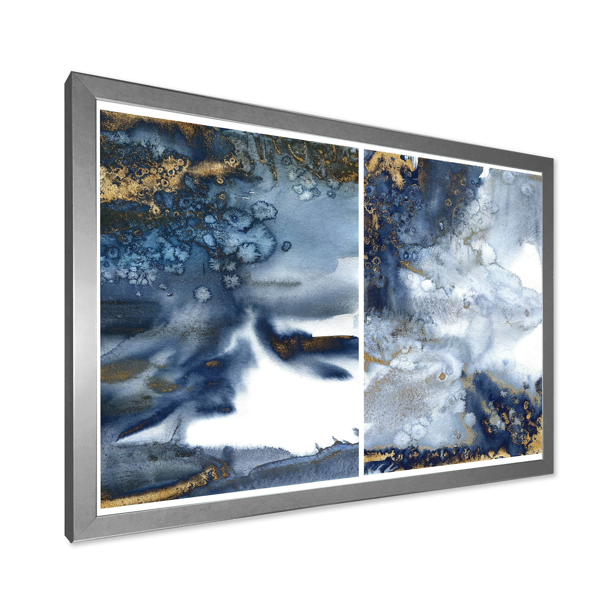 Designart 'Gold and Dark Blue Abstract Waves IV' Modern Framed Art Print