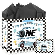 EoBeCy Fast One PresNok 1st Birthday Gift Bags with Handles, Tissue Paper and Greeting Card, Blue Race Car Wrapping Paper for Boys Baby Shower First Birthday Party Decorations Supplies