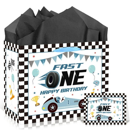 EoBeCy Fast One PresNok 1st Birthday Gift Bags with Handles, Tissue Paper and Greeting Card, Blue Race Car Wrapping Paper for Boys Baby Shower First Birthday Party Decorations Supplies