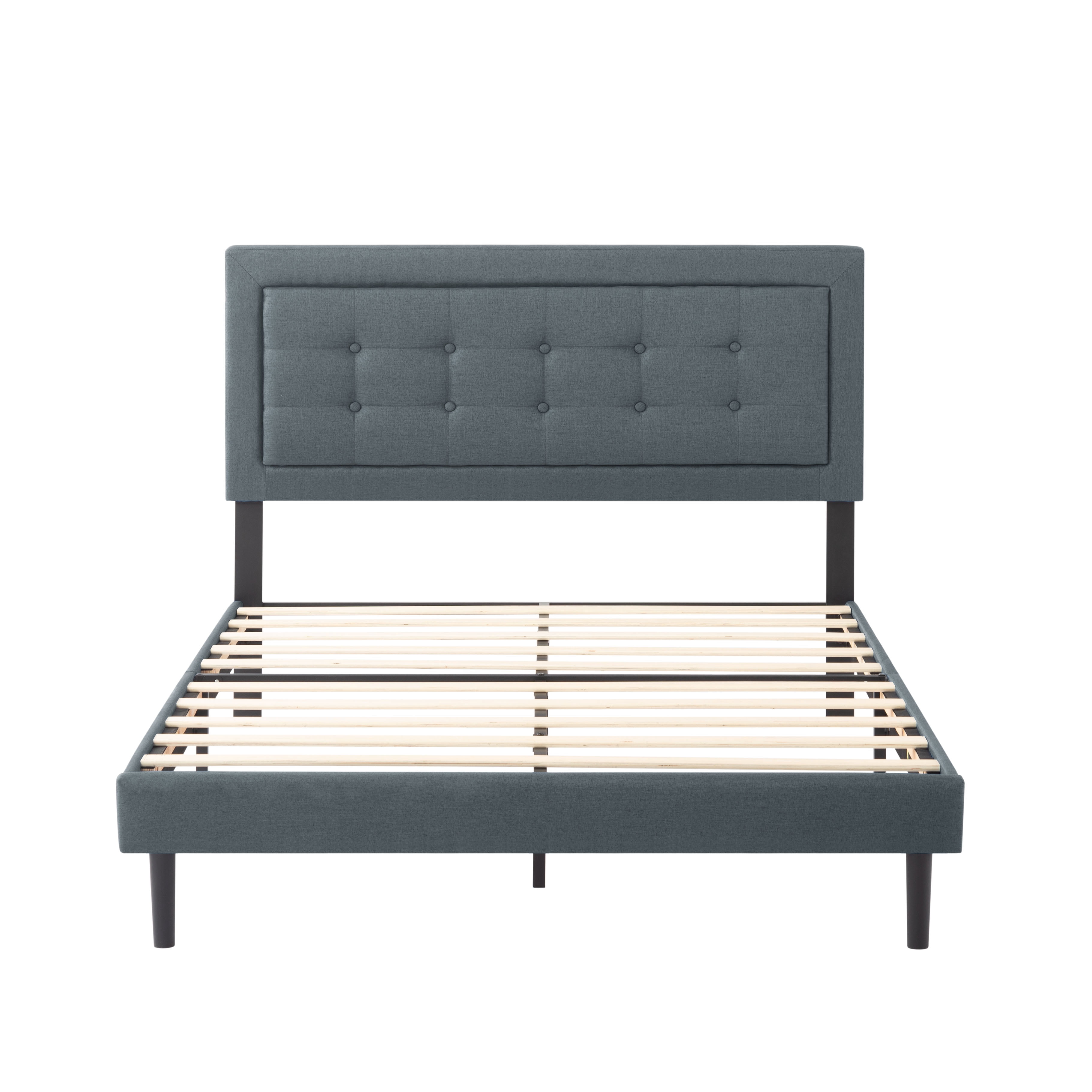 Full Size Upholstered Platform Bed Frame with Square Tufted Headboard, Easy Assembly Bed Frame for Bedroom, Dark Grey