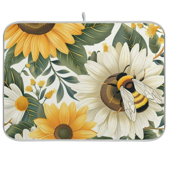 Dish Drying Mat Bee on Sunflowers Kitchen Mats Microfiber Counter Absorbent Dish Pad Drainer Rack 16"x18"