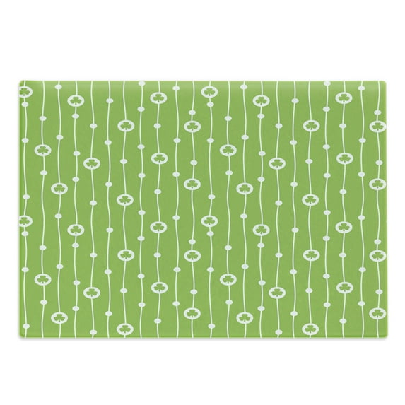 Irish Cutting Board, Trifolium on Vertical Wavy Stripes with Dots Luck Fortune, Decorative Tempered Glass Cutting and Serving Board, Large Size, Lime Green White, by Ambesonne