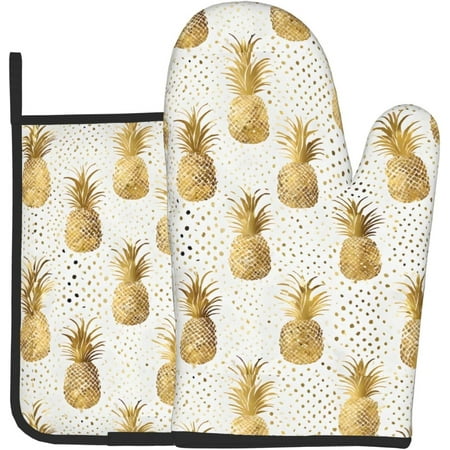 

(Gold Glitter Pineapples Fruit) Oven Mitts and Pot Holders Set of 2 Non-Slip Heat Resistant for Chef Spring Summer Home Kitchen Cooking Baking Grilling Kitchen Supplies Decor