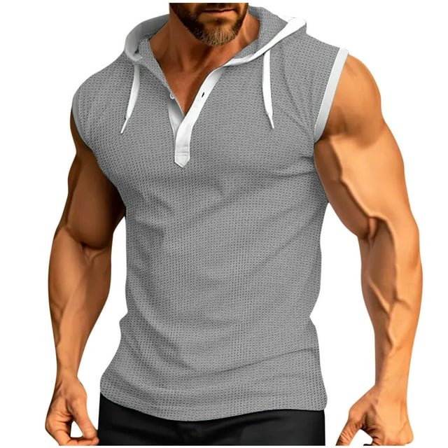 Posijego Knit Tank Top for Men Hooded Drawstring Button Sleeveless Tanks Athletic Workout Muscle Shirts