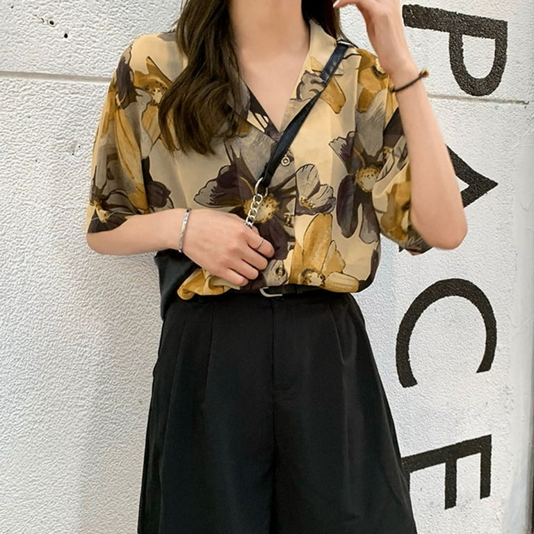 Women's Retro Oil Painting Tops Big Flower Printed Short Sleeve