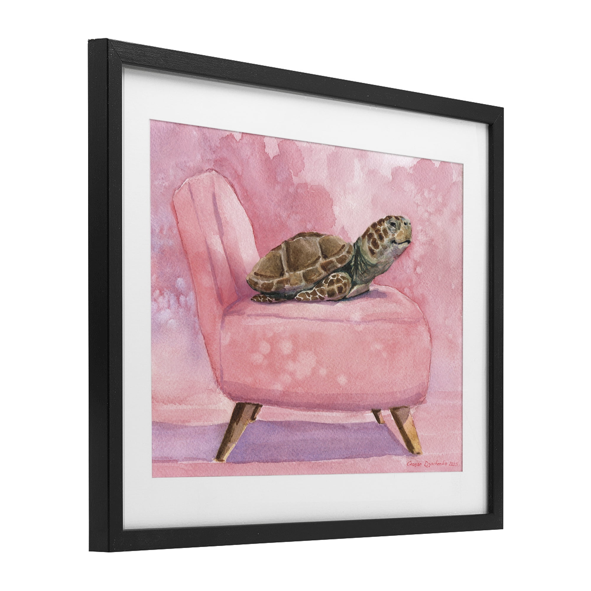 Stupell Industries Happy Turtle on Pink Chair Black Framed Print Under Glass, design by George Dyachenko