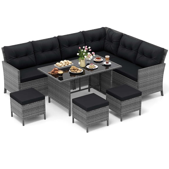 Gymax Set of 7 Dining Furniture Set PE Rattan Sectional Sofa Set Patio Black