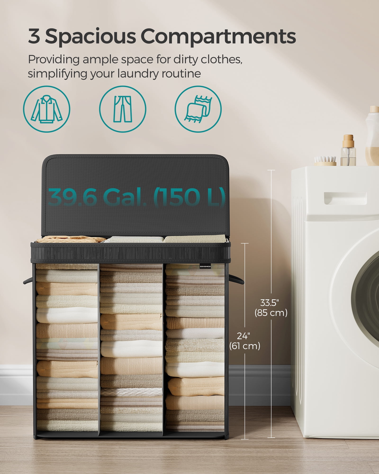 150L Laundry Hamper with Lid Bamboo Laundry Basket Removable Machine Washable with Handles for Laundry Room Bedroom Ink Black