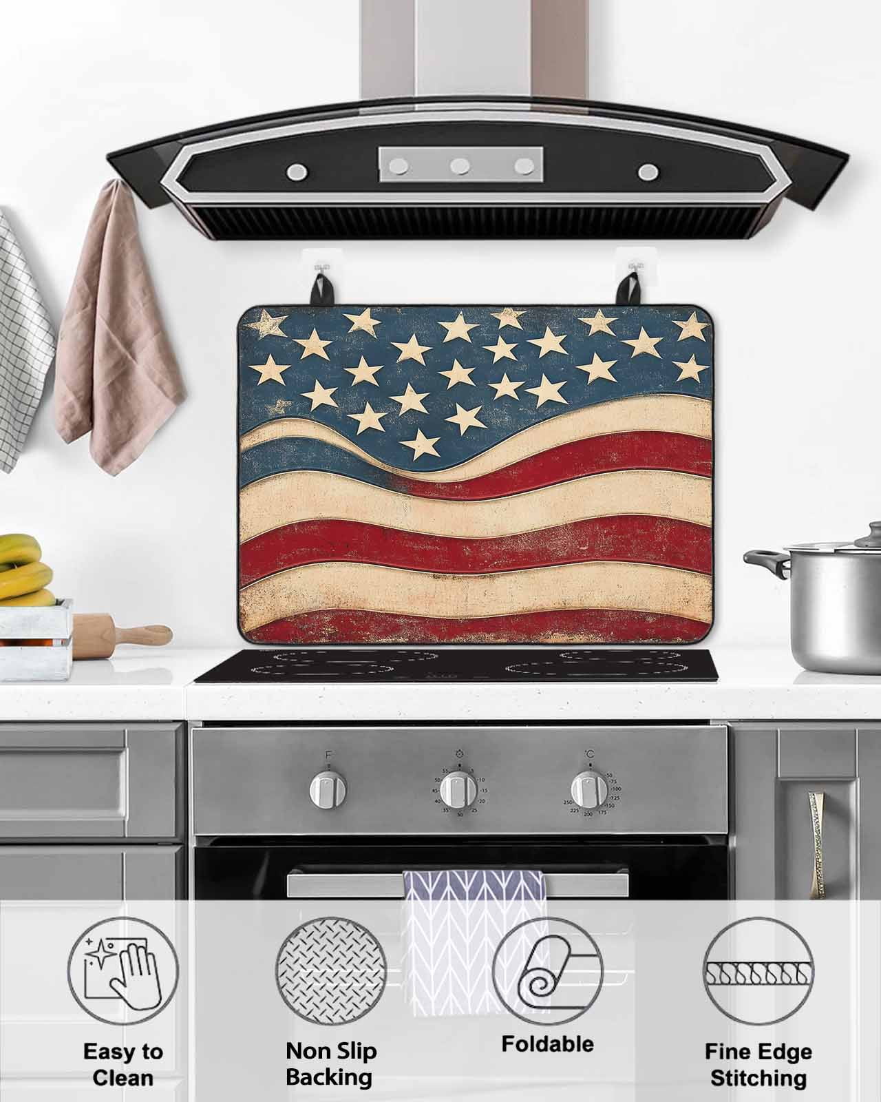 nqOlkjepod Large Induction Cooktop Protector Mat 24"x21", Vintage American Flag Stove Top Covers for Electric Stove, Blue Red White Star US Flag Stove Burner Cover Mats, Glass Top Stove Cover