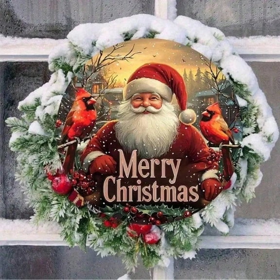 HELLOYOUNG Merry Christmas Rustic Metal Wreath Sign 8in - Santa & Cardinal 2D Wall Decor, Durable Holiday Door Art for Home Bar Cafe Garage