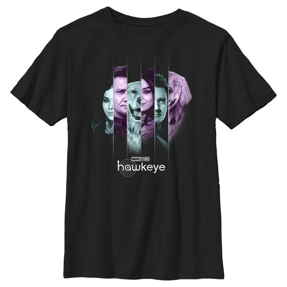 Boy's Marvel Hawkeye Kate Bishop and Lucky the Pizza Dog Split Panels Graphic Tee Black Medium