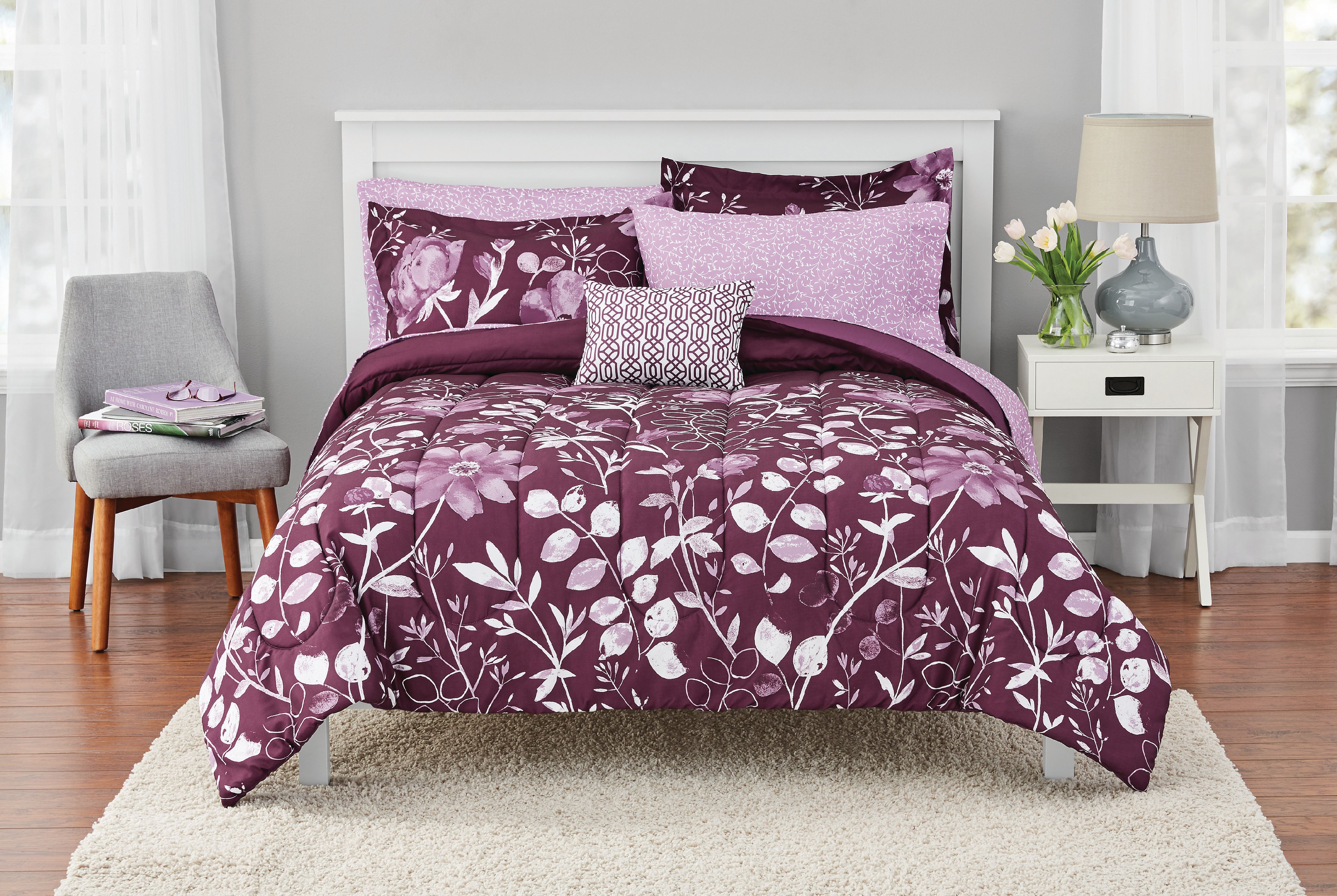 New Purple Floral Full Size Comforter Set Bedding Bedspread Bed In A Bag Sheets Comforters Sets Patterer Home Garden