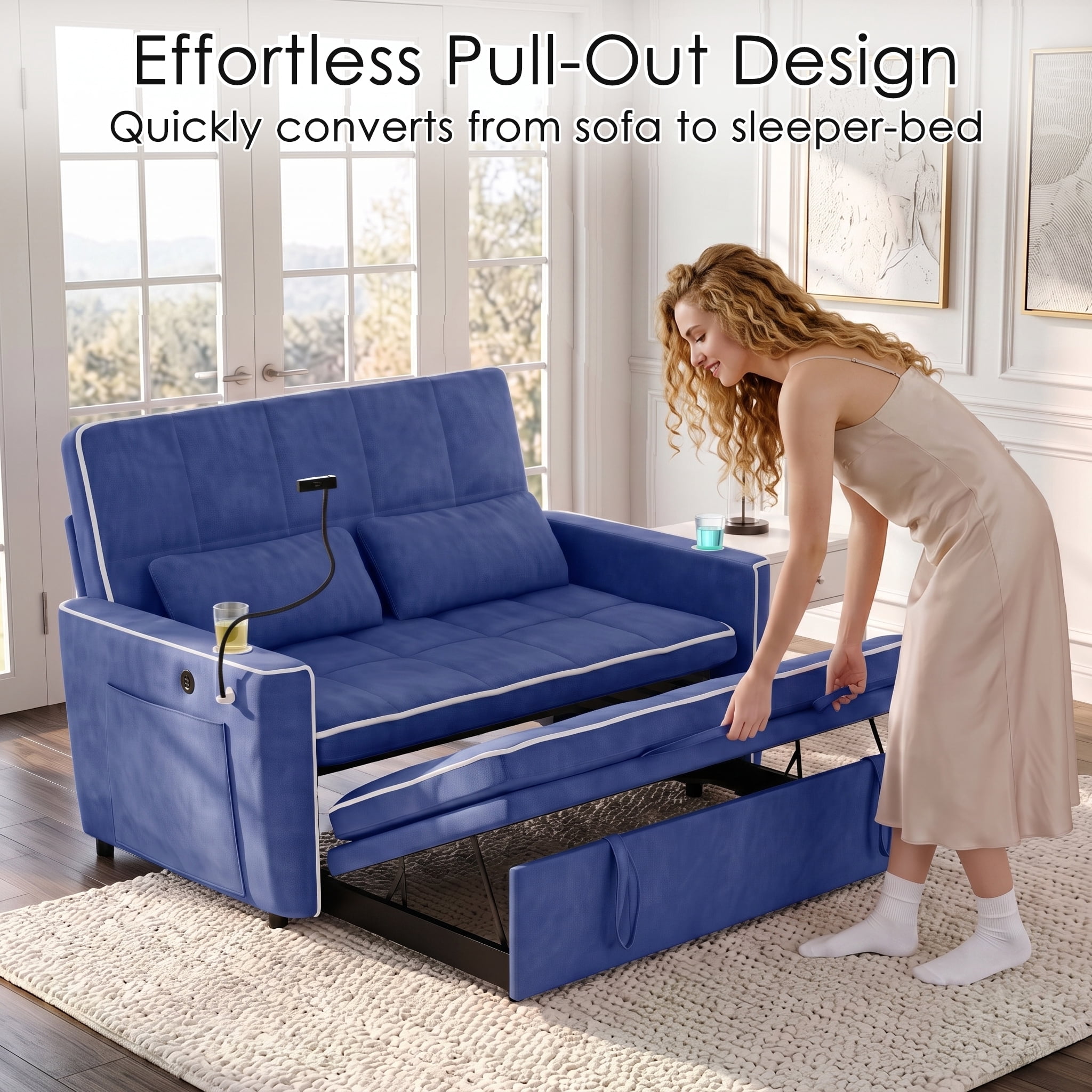 AISWORD 54" Convertible Sleeper Sofa Bed, Pull Out Loveseat Couch with USB Port, Phone Holder & Cup Holder, Adjustable Backrest for Apartment, Living Room, Office, Blue