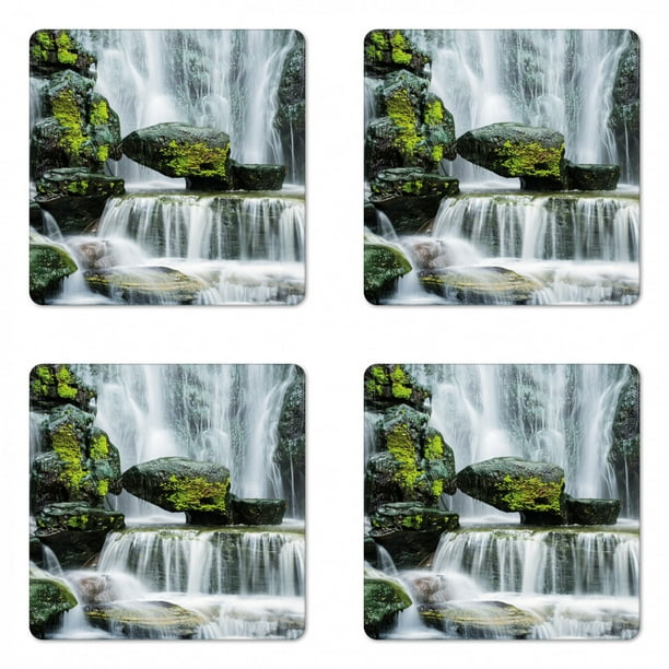 Waterfall Coaster Set Of 4 Majestic River Blocked Massive Rocks Moss On Them Photo Square Hardboard Gloss Coasters Standard Size Green Black And White By Ambesonne Walmart Com Walmart Com