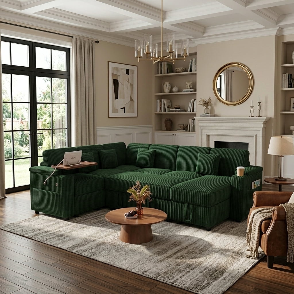 Howcool 100" Oversized Sleeper Sectional Sofa with Pull-Out Bed,U-Shape Corduroy Modular Sofa Couch with USB Ports & Storage,Green