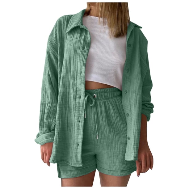 Conjunto primaveral liso para mujer: camiseta de manga larga + pantalones cortos de cintura alta con cordón, poliéster, informal/para exterior, ligero/transpirable, tallas asiáticas