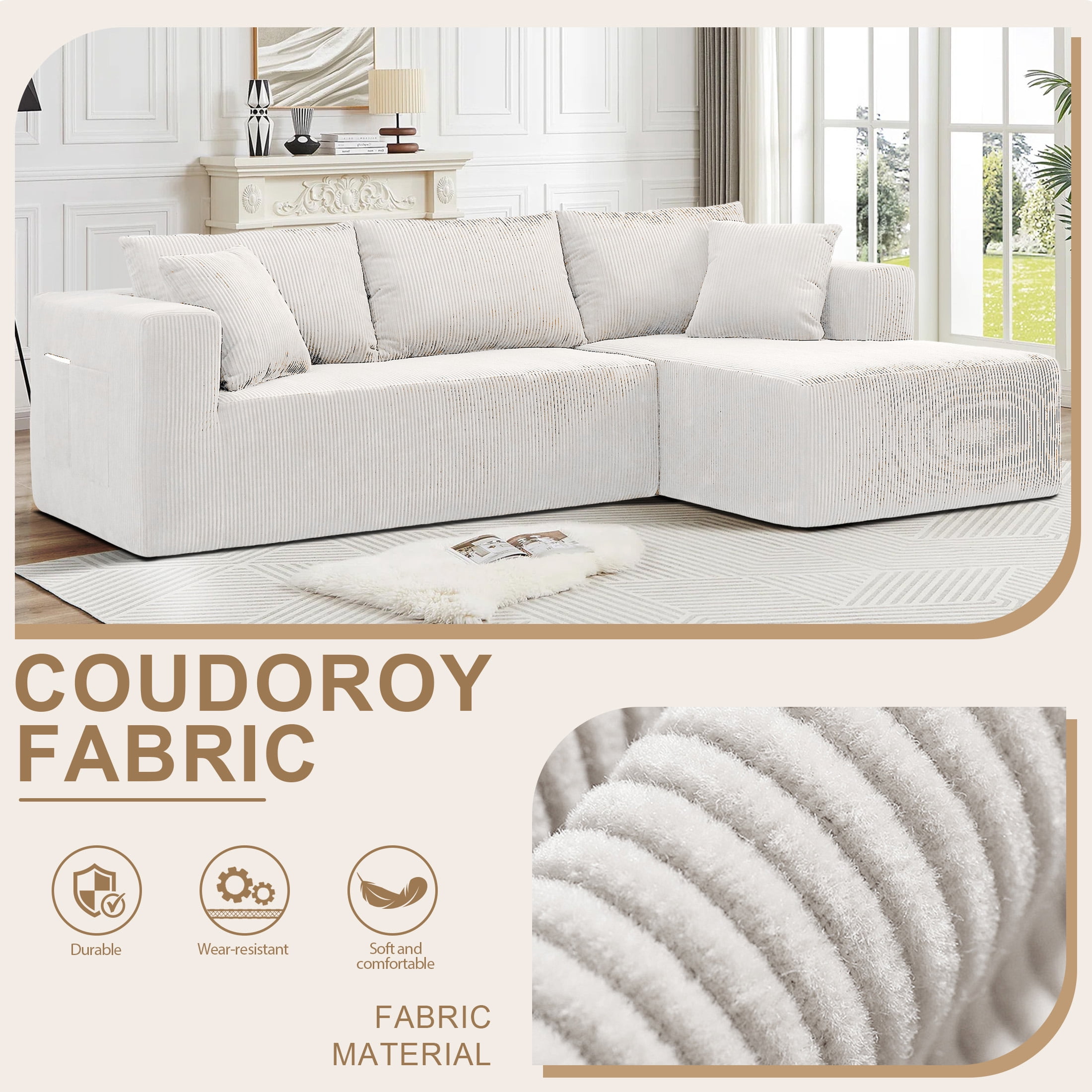 AENKYO 104'' Modular L-Shape Sectional Sofa with Chaise, Comfy Deep-Seat Cloud-Couch, Corduroy - White