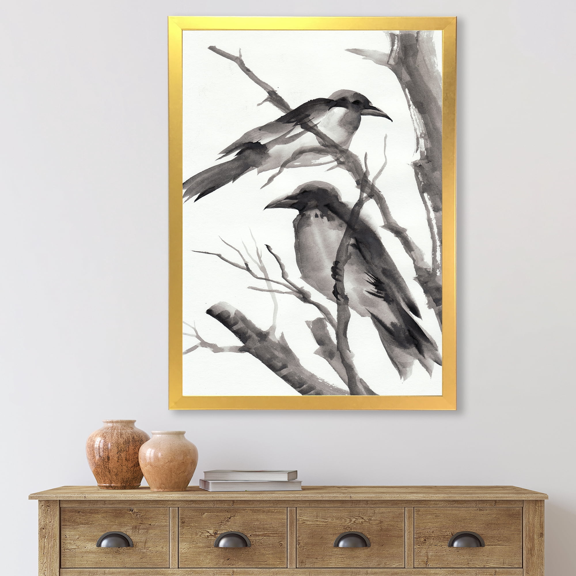 Designart 'Vintage Black and White Sleeping Crows' Traditional Framed Art Print