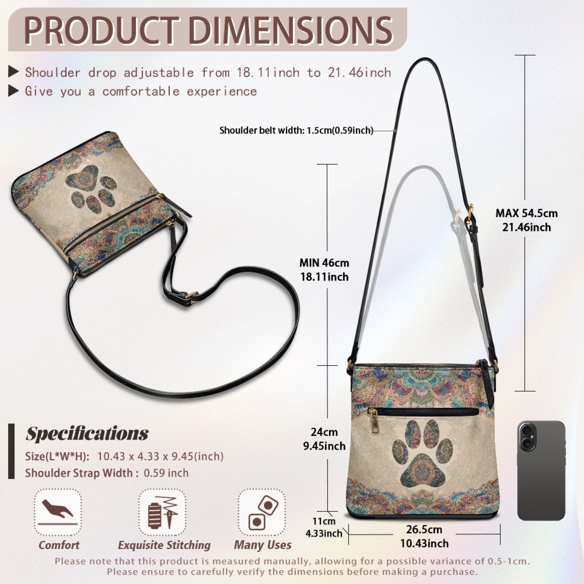 Kuiaobaty Paw Print Leather Crossbody Bag for Women, Boho Mandala Flowers Print Shoulder Handbag with Adjustable Strap, Waterproof Sturdy Sling Bag Purse Crossbody for Travel