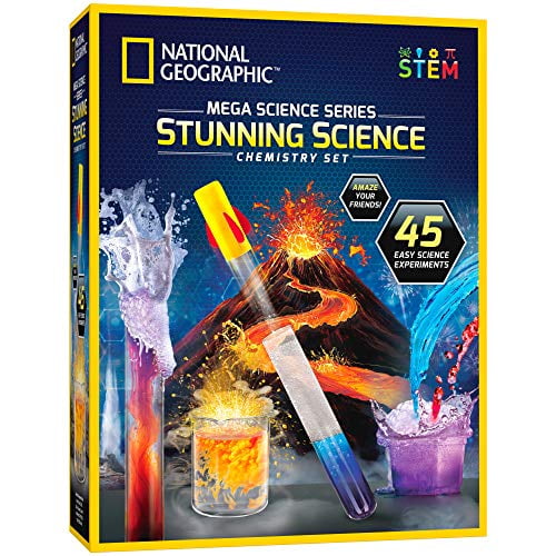 NATIONAL GEOGRAPHIC Stunning Chemistry Set - Mega Science Kit with Over 15 Easy Experiments, Make a Volcano, Launch a Rocket, Create Fizzy Reactions,