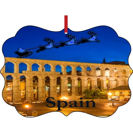 Santa Claus and Sleigh Riding Over The Aqueduct of Segovia, Spain Double Sided Elegant Aluminum Glossy Christmas Ornament Tree Decoration - Unique Modern Novelty Tree Décor