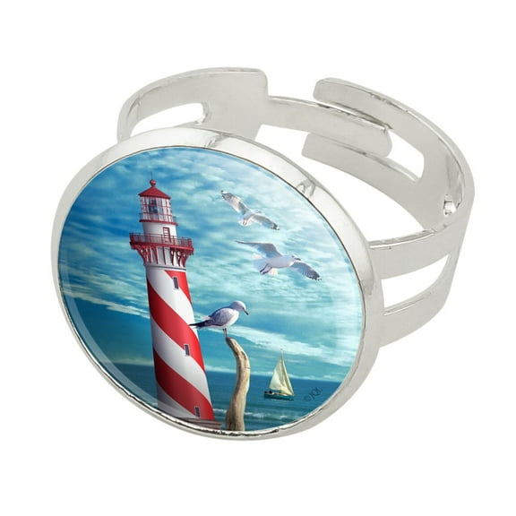 Lighthouse Seashore Ocean Beach Seagulls Sailboat Silver Plated Adjustable Novelty Ring