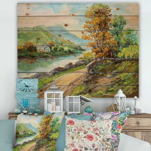 Designart 'The River By The Rural Road' Traditional Print on Natural Pine Wood