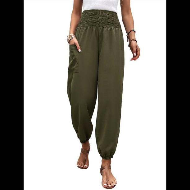 Pantalones de Verano Bohemios Informales de Negocios, Plisados, Elásticos, de Cintura Alta, de Pierna y con Bolsillos para Mujer. Verde XL