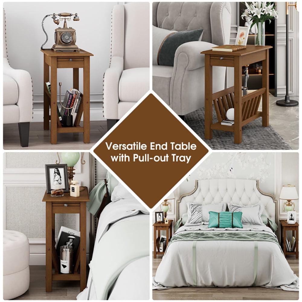 Finihen End Side Table, Sofa Side Table, Bed Side Table, 2-Tier End Table with Pull-out Tray and Solid Rubber Wood Legs, for Living Room, Bedroom, Natural Finihen End Side Table, Sofa Side Table, Bed Side Table, 2-Tier End Table with Pull-out Tray and Solid Rubber Wood Legs, for Living Room, Bedroom, Natural