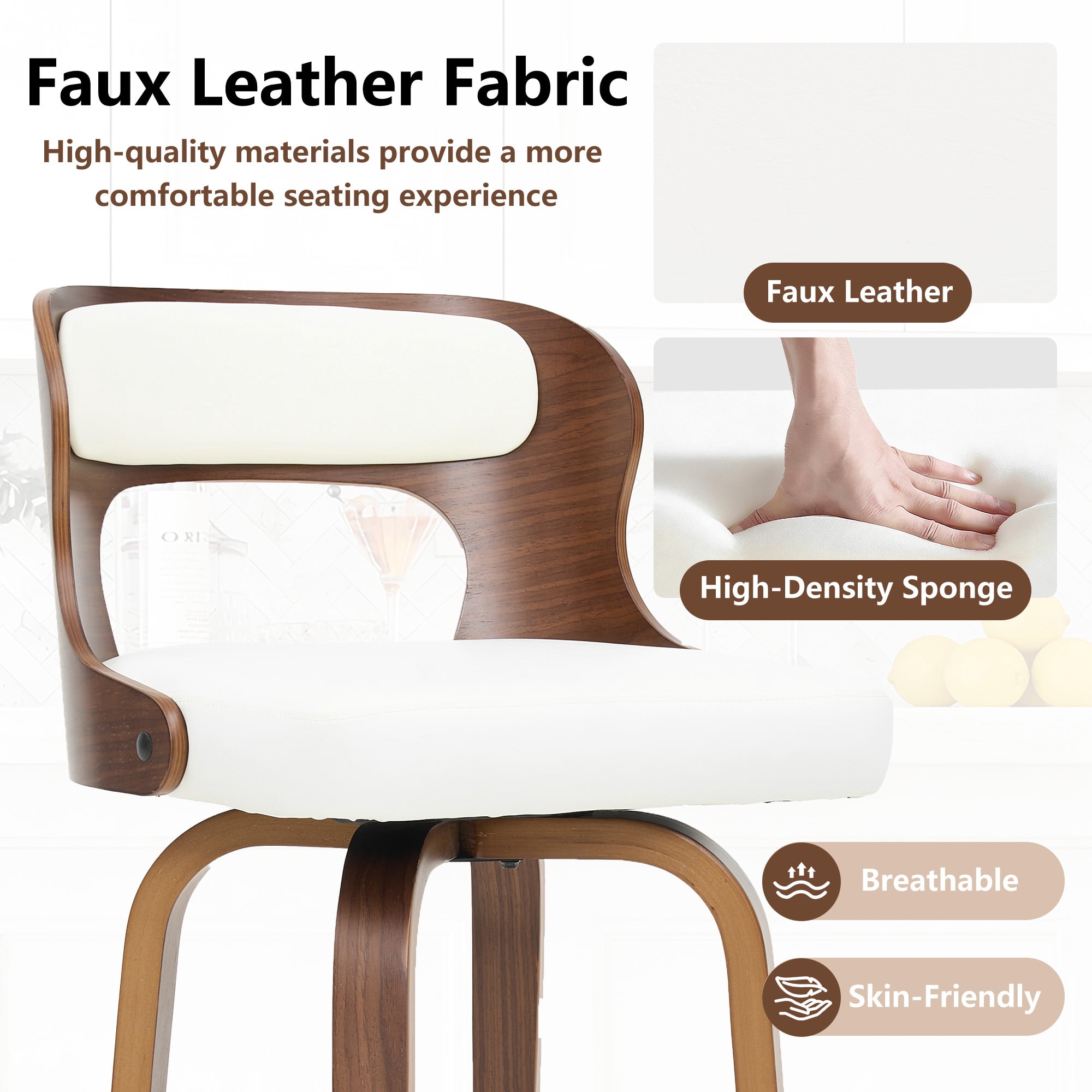 ClinQ 26 inch Swivel Bar Stools Set of 3, Counter Height Bar Chairs with Walnut Legs and Silver Ring Footrest, Upholstered Faux Leather, White