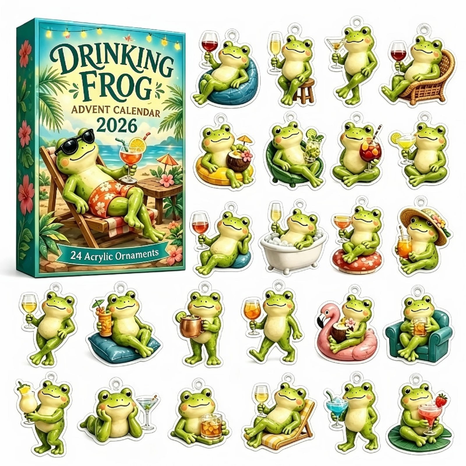 Frog Advent Calendar 24-Day Christmas Countdown Calendar 2D Acrylic Colorful Frog Hanging Ornaments Gift for Frog Lovers Tree Decor