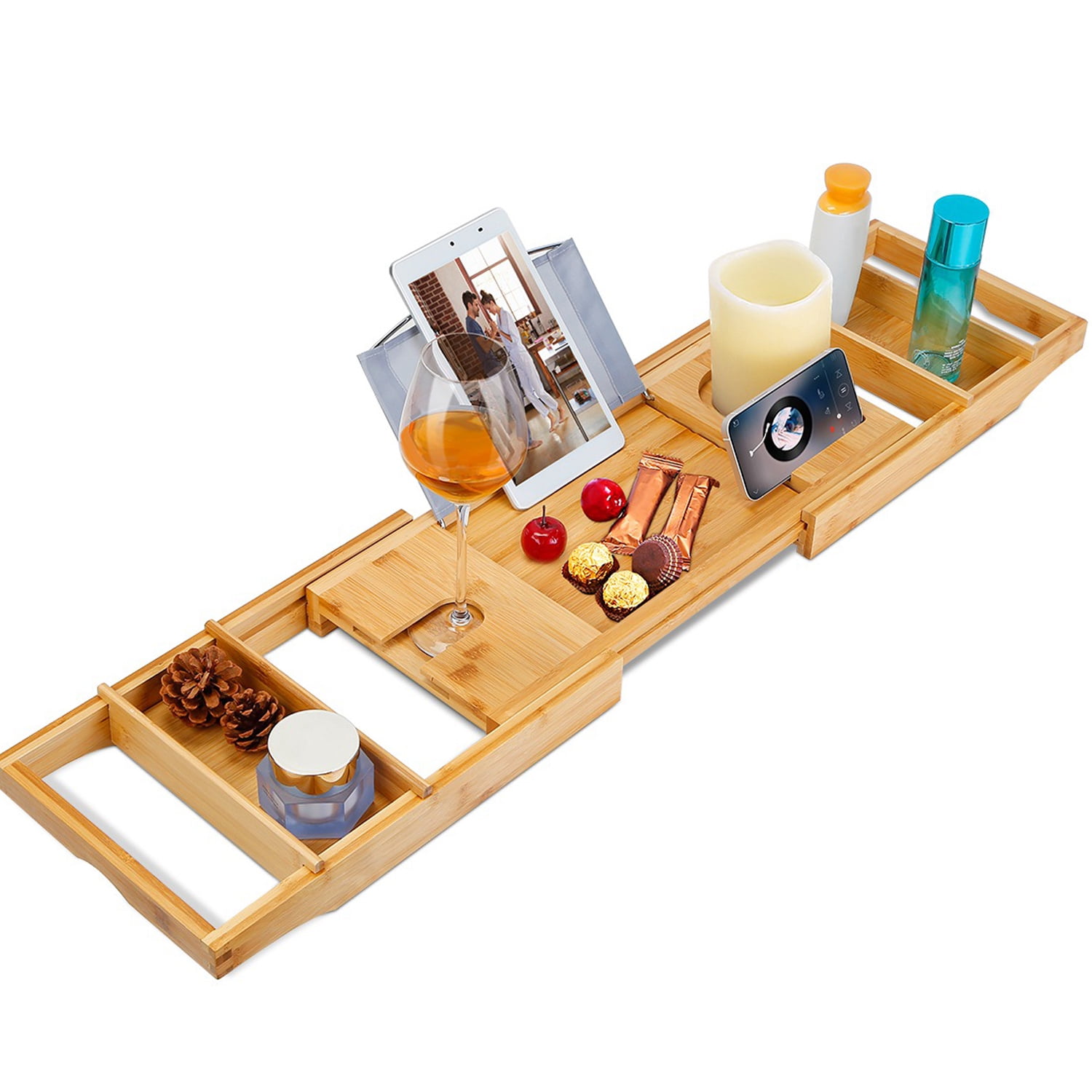 Crafted Bath Tray Table Extendable Reading Rack Bathtub Caddy Tray by NewHome for Bathroom Spa