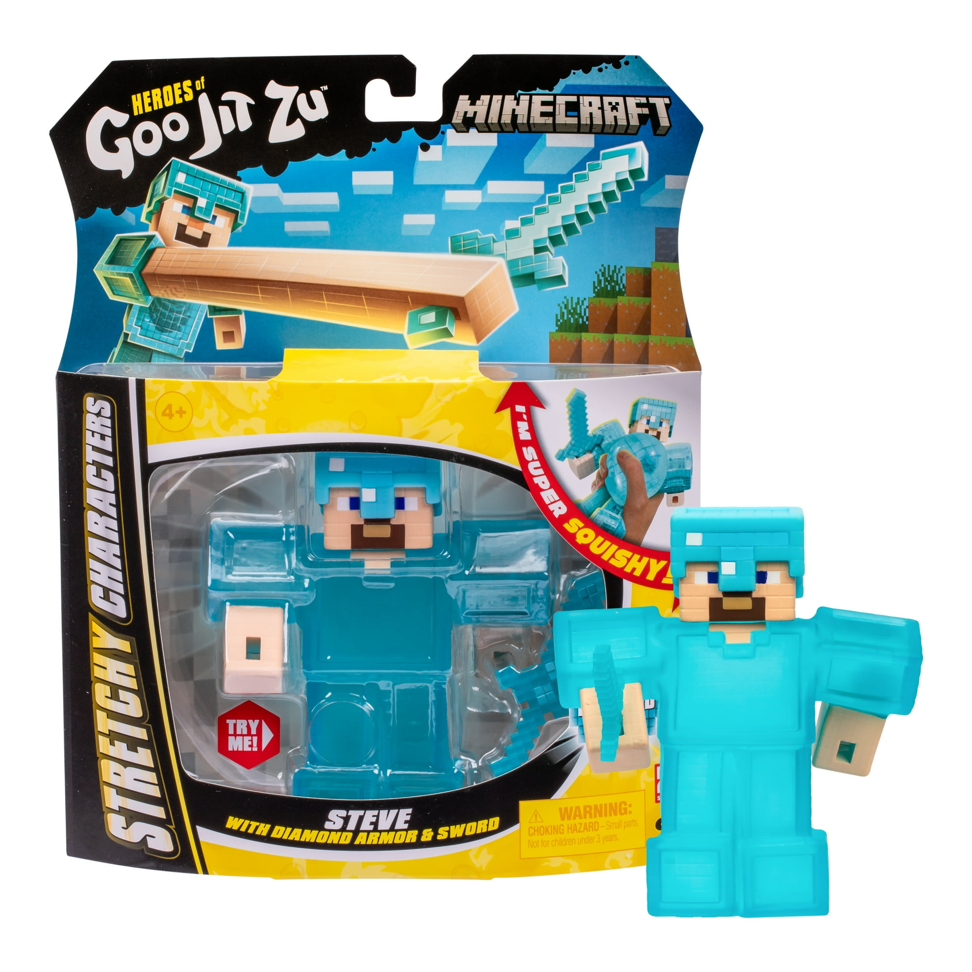 Heroes of Goo Jit Zu Minecraft Stretchy Characters, Steve with Diamond Armor & Sword, Ages 4+