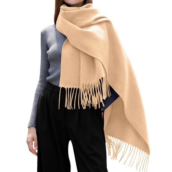 SUXIAN Winter Scarf for Women Solid Color Tassel Shawl Warm Beige One Size