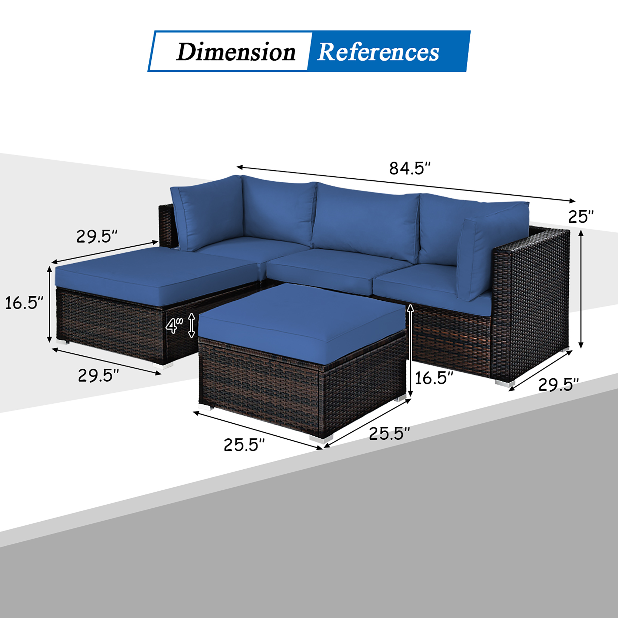 Costway 5PCS Patio Rattan Furniture Set Sectional Conversation Set Ottoman Table Navy