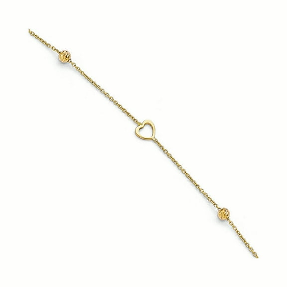 14k Polished and Diamond-cut Heart Anklet w/1in ext