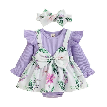 

Girls Ruffles Long Sleeve Floral Prints Bowknot Romper Bodysuits Headbands Set Baby Two Piece Outfit Girls