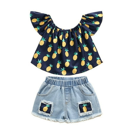 

Off-Shoulder Girls Outfits Suit Cropped Cropped Pineapple Print Tops Blue Shorts Suit Children Kids Spring Summer Casual Cartoon Fashion Outwear Streetwear Sets