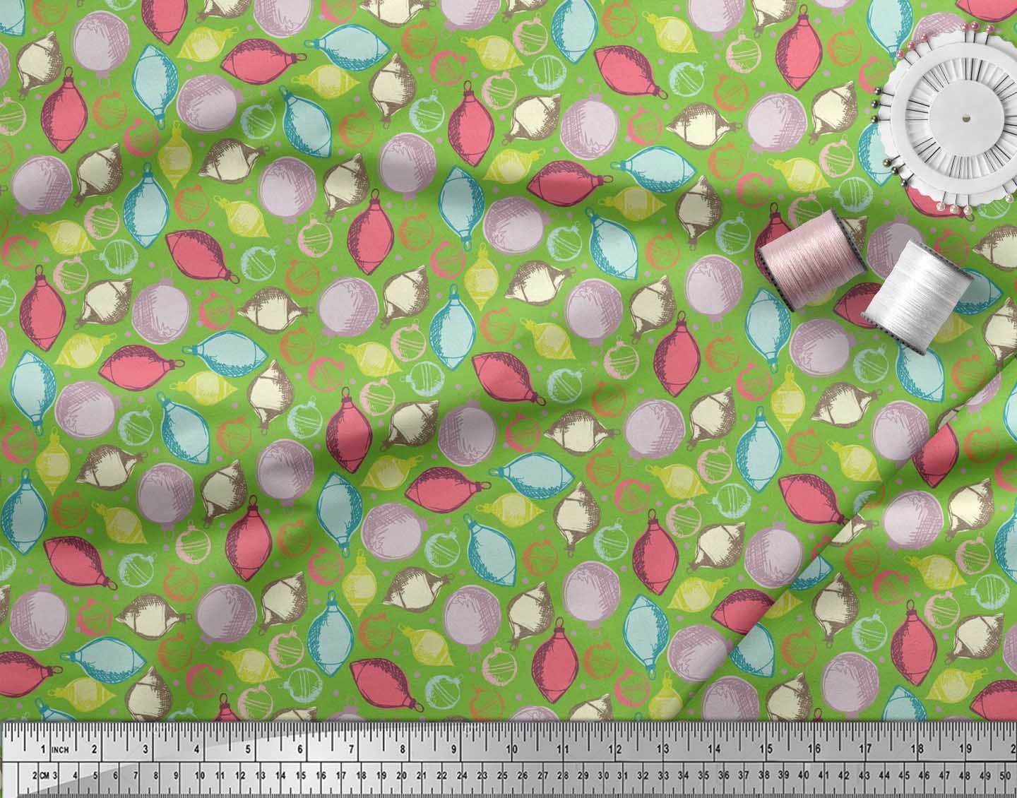 Soimoi Green Rayon Fabric Dot & Ornaments Christmas Printed Fabric 1 Yard 42 Inch Wide