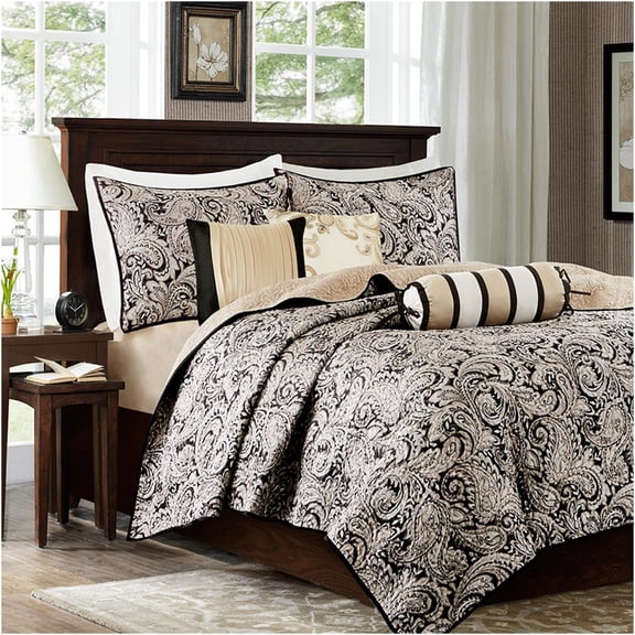 JERFIT 6-Piece Jacquard Bedding Set with Quilt, Shams & Decorative Pillows, Reversible Black Gold Comforter, Full/Queen