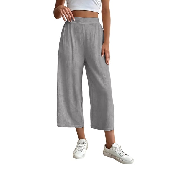 Hurxie Women's Linen Capri Pants Wide Leg with Drawstring Elastic Waist Casual Cropped Pant Gray,S