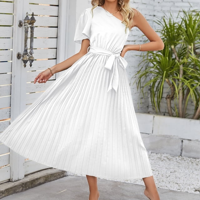 Vestido A Media Pierna Vestidos de playa para mujer Vestidos casuales con cuello de un hombro para cóctel (Blanco M) Ygjytge para Mujer Blanco T XL