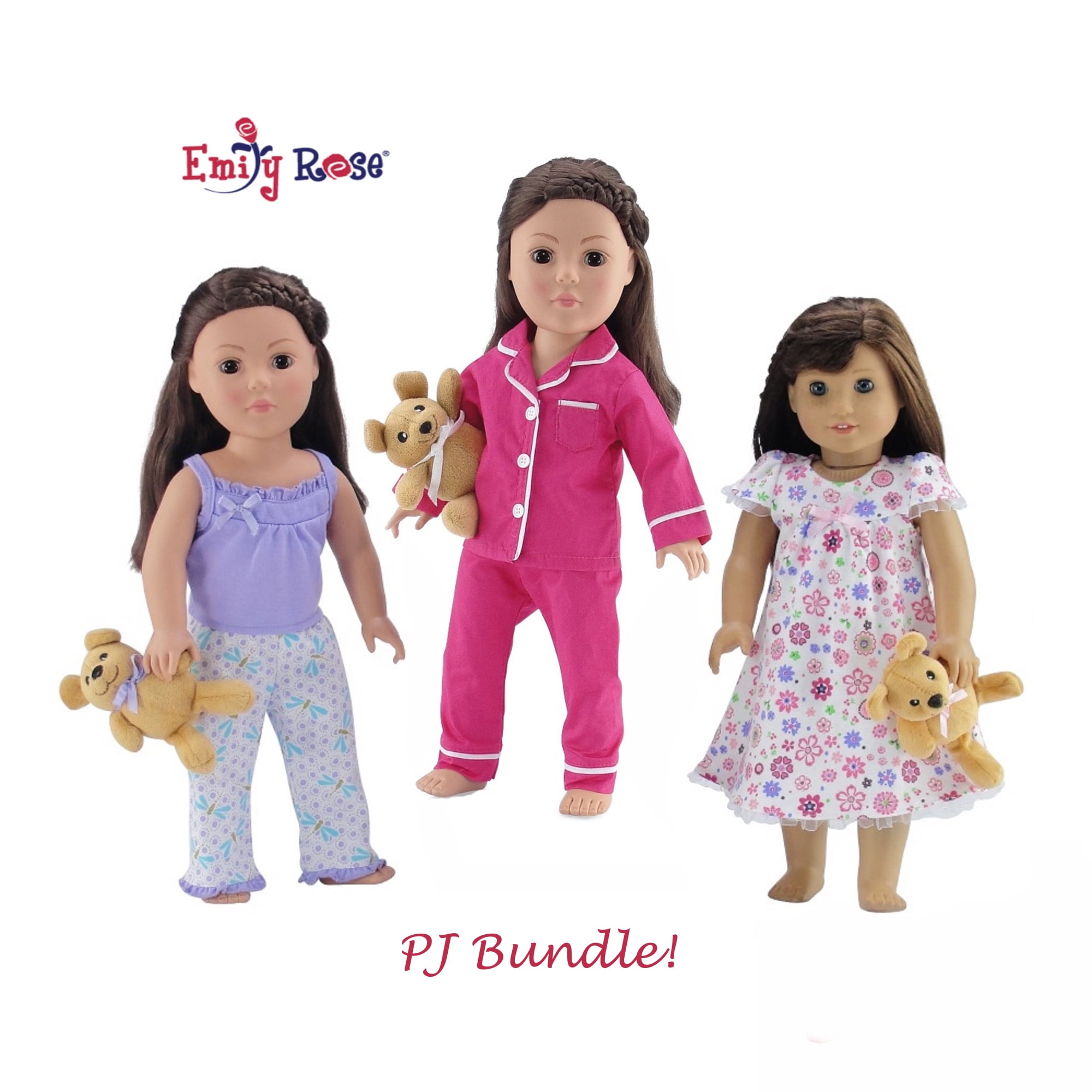 Fits American Girl Dolls Emily Rose Doll Clothes 18 Inch Doll Clothes Lovely Ruffled Pink Floral Nightgown PJs with Teddy Bear