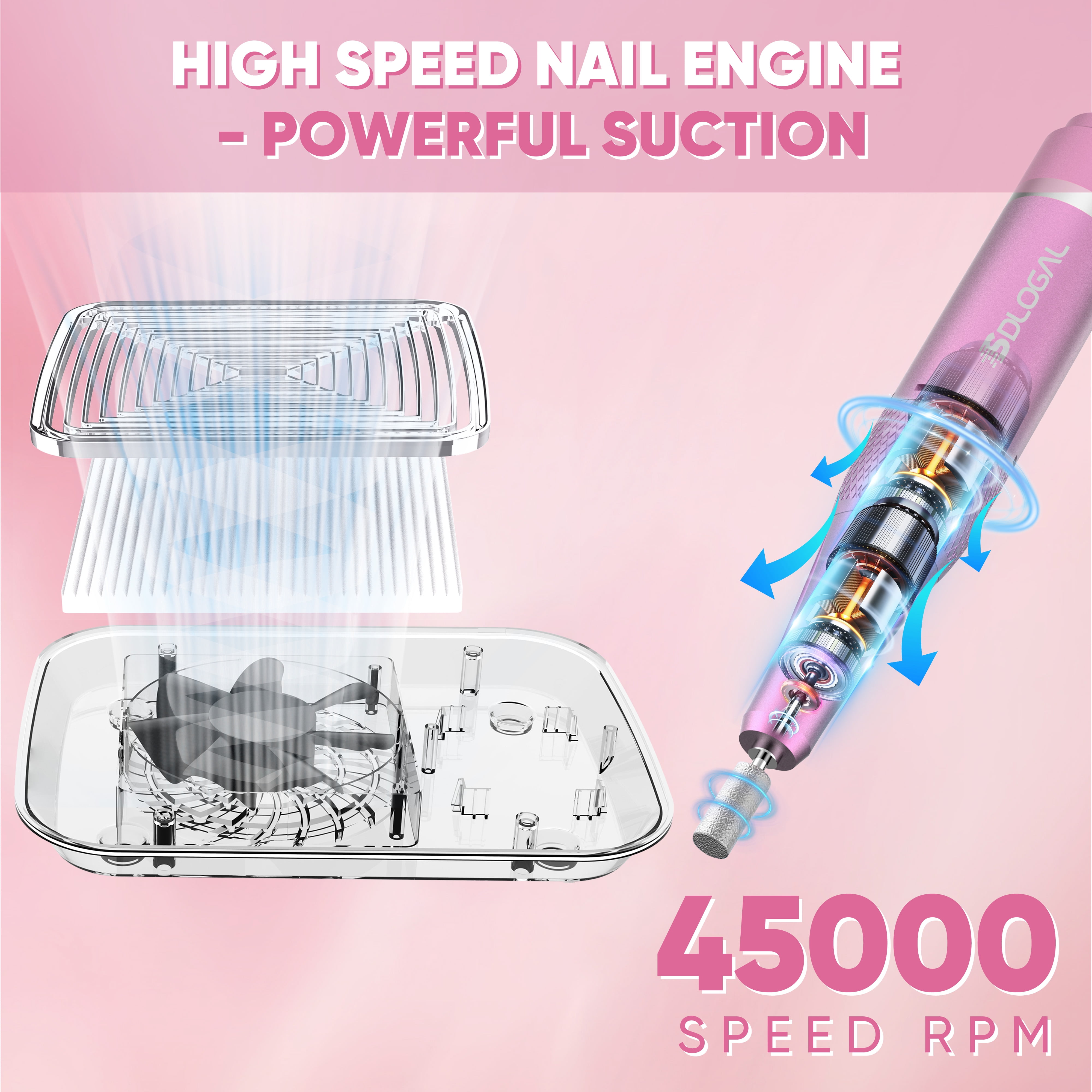 Sdlogal 3-in-1 Electric Nail Drill Polisher with Vacuum Cleaner, 45000 RPM, Polishing,Variable Speed