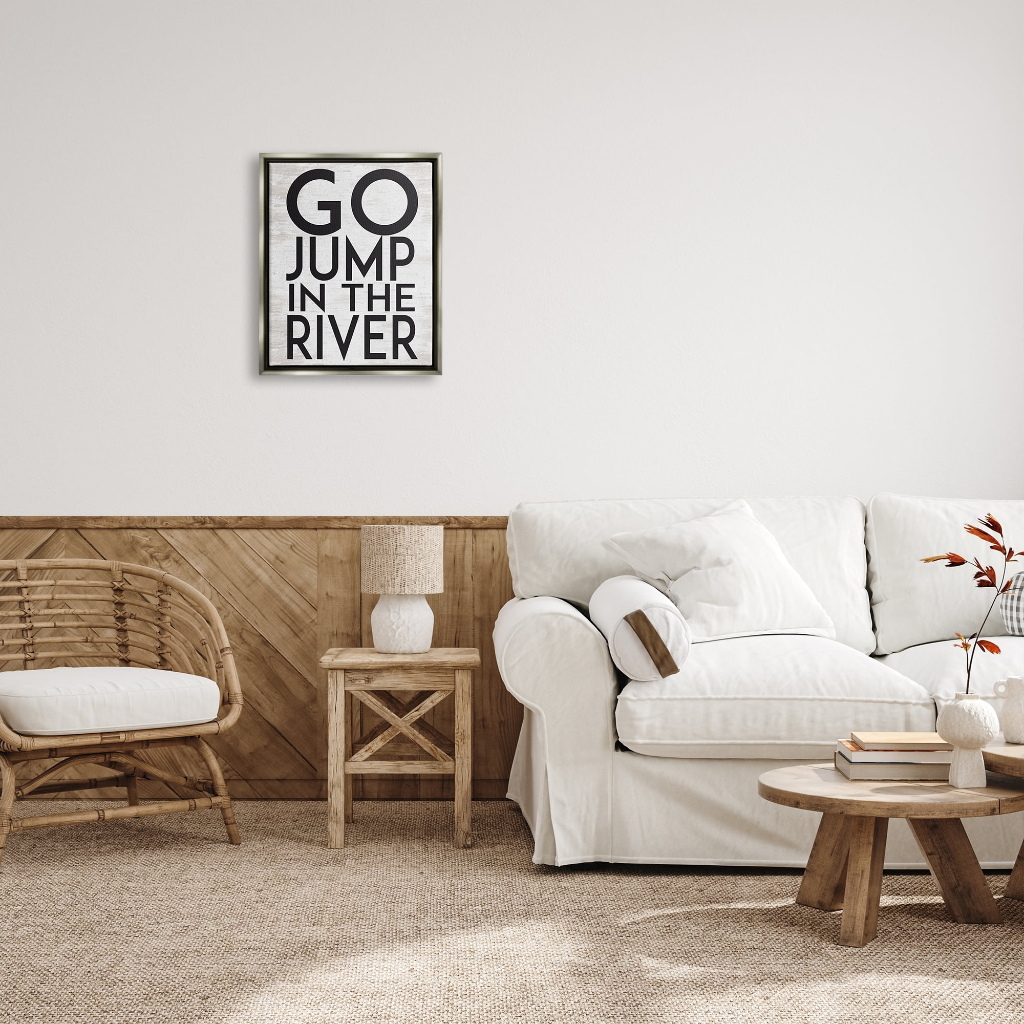Stupell Industries Jump in the River Motivational Lake House Phrase Graphic Art Luster Gray Floating Framed Canvas Print Wall Art, Design by Lettered and Lined